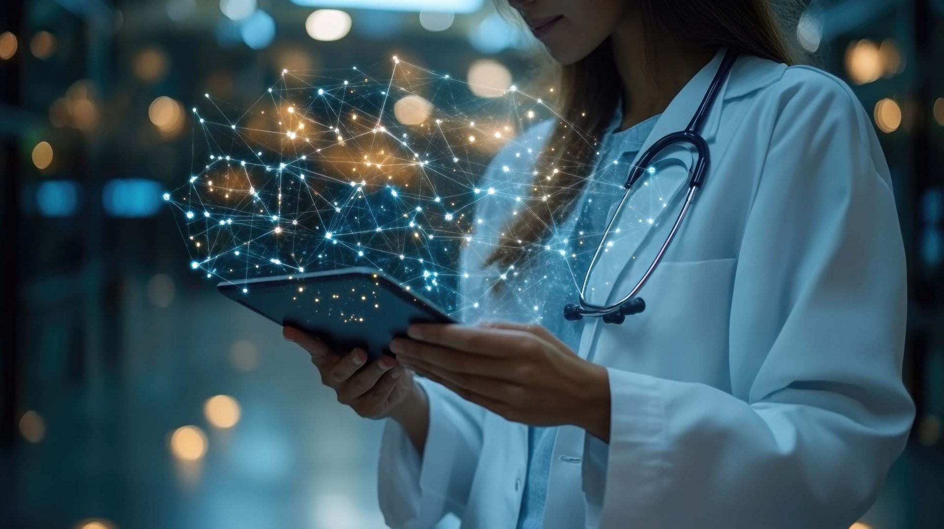 Woman in lab coat with graphic of connected dots